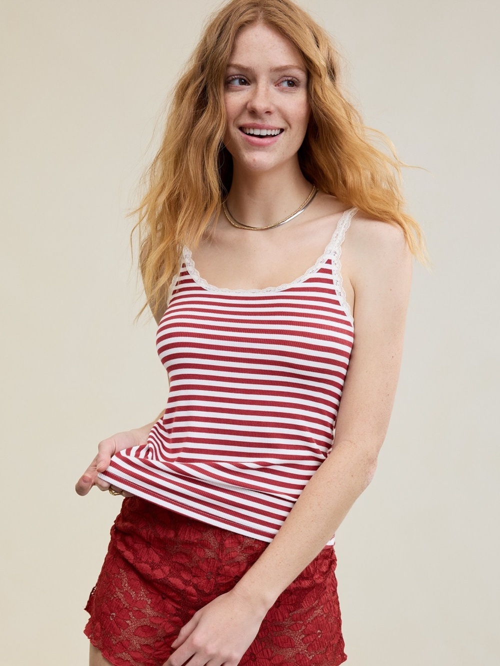 Aerie Real Soft Lace-Trim Tank Top Red and White Striped